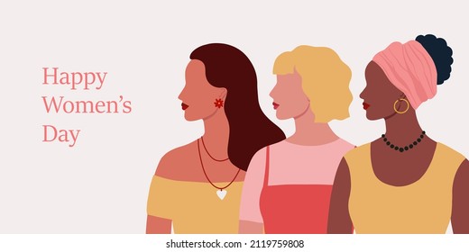Group of women of different nationalities ethnicity and hairstyle. Female diverse portraits. International Women's day, 8 March design. Women's friendship, sisterhood. Vector illustration