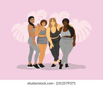 Group of women different nationalities in sportswear. Body positive acceptance and beauty diversity ethnicity. Happy plump girls models in photo studio on pink background. Flat Vector illustration