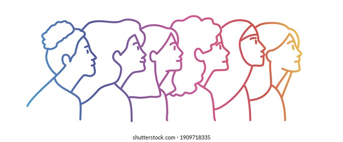 Group of women different nationalities standing together. Colored line. Vector illustration.