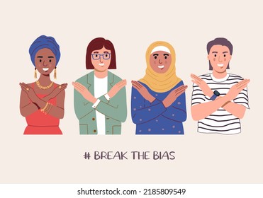 A group of women of different nationalities with their hands crossed. Break The Bias campaign. International Women's Day. Movement against discrimination and stereotypes. Flat vector