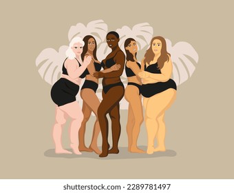 Group of women different nationalities in underwear. Body positive acceptance and beauty diversity ethnicity. Happy plump girls models in photo studio on beige background. Flat Vector illustration