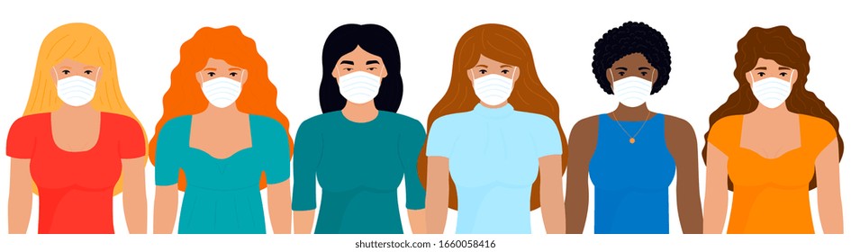 Group of women of different nationalities in white medical face masks. Chinese virus 2019-nCoV. Coronavirus treatment. Concept of quarantine, prevent infection