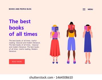 A group of women of different nations are standing and reading hiding their faces behind the books. Website template about books and education. Landing page about reading. Vector flat illustration