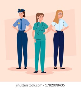 group of women of different professions vector illustration design