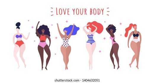 Group of women of different race and figure type in swimwear standing together. Body positive and beauty diversity. Female cartoon characters isolated on white background. Love your body concept.