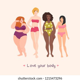 Group of women of different race, height, figure type and size dressed in swimwear and standing together. Female cartoon characters. Body positive movement and beauty diversity. Vector illustration.