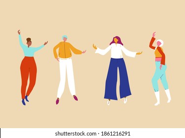A group of women of different race, height, body type and size are dancing together - Vector illustration of female cartoon characters - Positive body movement and variety of beauty