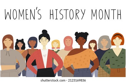 A group of women of different race. Women's History month concept. Celebrated annually in March. Isolated on white.