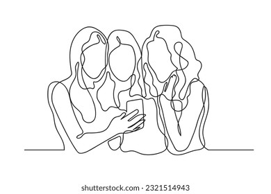 group of women discussing something trending.3 women looking at mobile phone screen.vector continuous line.isolated white background