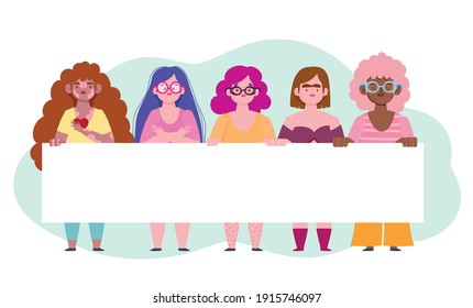 grupo de mujeres diversas con personaje de caricatura de pancarta auto amor ilustración vectorial