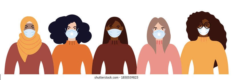 Group of women of diverse race weating face masks for pandemic protection from covid19. Flat design vector illustration.