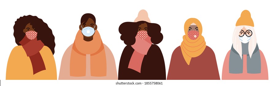 Group of women of diverse race weating face masks for pandemic protection from covid19. Flat design vector illustration.