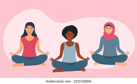 A group of women do yoga. Girls of different nations are sitting in the lotus position, meditating. Vector graphics.