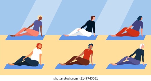 
a group of women doing pilates on fitness mats in the classroom. Cartoon flat illustration. The concept of physical and mental health. meditation and gymnastics. Flexibility and strength.