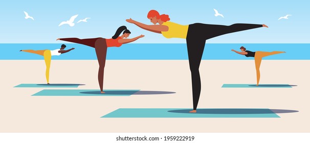 A group of women are doing yoga. Flat vector stock illustration. Yoga with an instructor on the beach. Yoga asanas as an activity or sport. Vector graphics