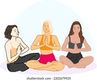 a group of women doing yoga, meditation. Yoginis sit in the lotus position. 3 women yoga illustration. The girls are meditating. Yoga club clients
