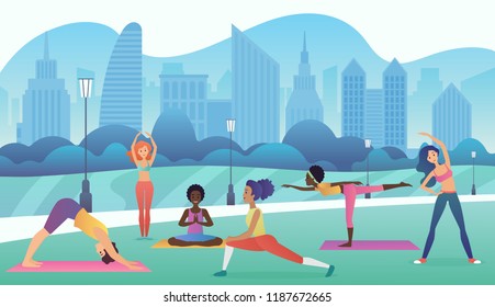 Group of women doing yoga in the park with modern city background. Trendy gradient color vector illustration.