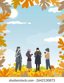Group of women drink coffee, enjoy talking in autumn flower field with fall leaves in morning,People in warm cloth relaxing in nature park,Concept seasonal with cozy atmosphere, outdoor lifestyle vibe