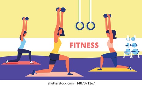 Group Women with Dumbbells in Hands Doing Fitness. Sports Training for Women. Sports Suit. Training with Dumbbells. Vector Illustration. Time for Fitness. Healthy Lifestyle. Power Train. Arm Press.