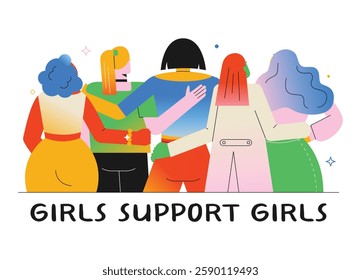 The group of women embracing, but from a back view, with the text "Girls Support Girls". A vector illustration on a white background, perfect for feminist movements and digital content.