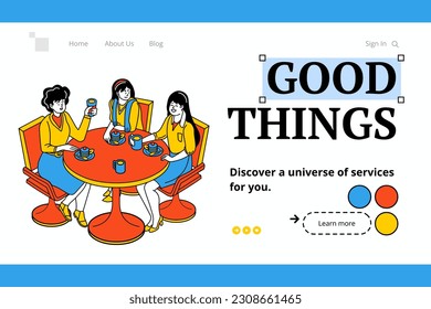 A group of women enjoying a tea party at a table. Vector illustration in flat retro arcade style.