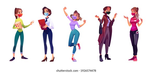 Group of women in face masks. Female characters different professions. Vector cartoon set of girls in office suit, seller uniform, professional worker, happy lady and woman with popcorn