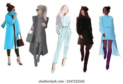 group of women in fashionable clothes, fashion girls, vector illustration