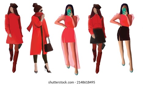 group of women in fashionable clothes in red color, fashion girls, vector illustration