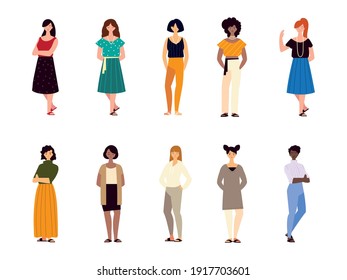 group women female characters different nationalities culture vector illustration