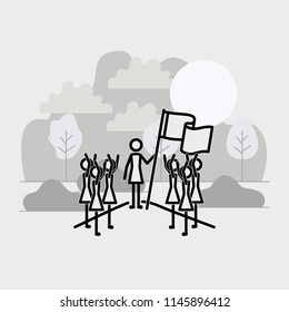 group of women with flags in the field linear figures