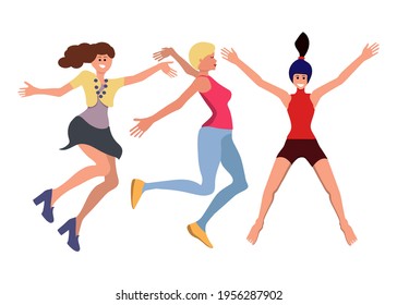 group of women in a flat style in active poses, and different clothes vector illustration isolated on white background