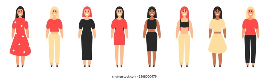 A group of women in a flat style. Women of different ethnicity. Vector