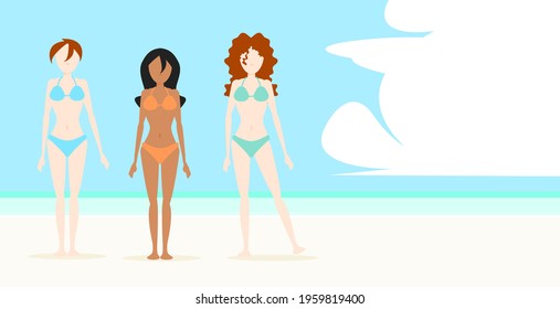 A group of women friends who are different in a bikini standing on the beach. Illustration summer holiday. Vector flat design.