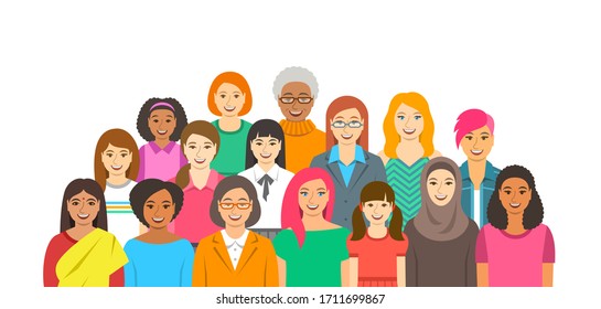 Group of women. Happy smiling female faces of different ethnicity, age and race. Horizontal flat style banner. Girl power and togetherness concept. Feminist movement for women rights