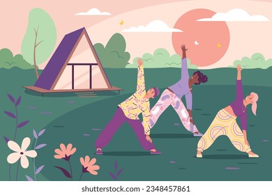 Group of women having spiritual practice outdoors doing yoga asanas near retreat house flat vector illustration