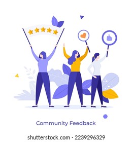 Group of women holding banners with five stars, like and thumbs up symbols. Concept of community feedback, collective positive evaluation of service. Modern flat vector illustration for banner.