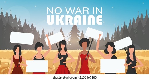 A group of women are holding banners. Pray for Ukraine. Stop war