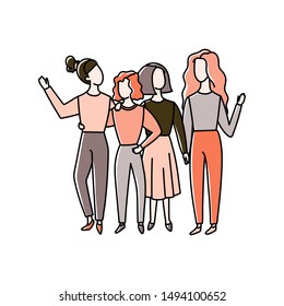 Group of women hugging. Doodle style hand drawn girl support and friendship concept illustration. Stock vector