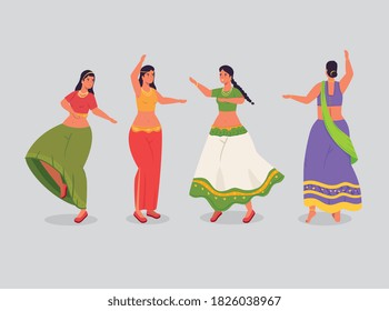 group of women indian with clothes traditional dancing vector illustration design