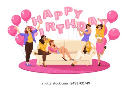 Group of women leisurely sharing Happy birthday gestures on sofa, couch. Woman wearing magenta and pink clothes, surrounded by art balloons. Birthday girl having fun with friends. Vector illustration