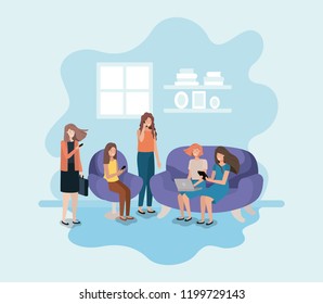 group of women in living room using technology