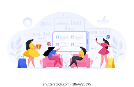Group of women make orders online in fashion boutiques vector concept. Female characters choose stylish cosmetics in web app and checkout. Girl in yellow dress receives gift for discount
