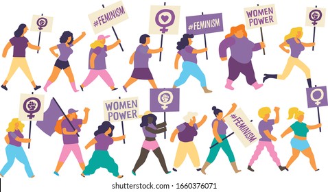 Gruppe der Frauen, die auf einer Demonstration zum Internationalen Frauentag marschieren. Feministische Frauen, die violette Flaggen und Plakate mit feministischen Botschaften und Empowerment tragen. Bild mit bearbeitbarer Vektorillustration
