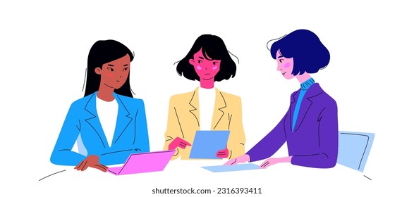 A group of women in an office meeting. Three young girls of different colors discussing work matters and developing a project. Vector contemporary illustration. Flat with a line. 