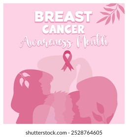 Group of women on pink background. Celebrating breast cancer awareness month. Breast cancer awareness concept. Flat vector illustration.
