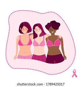 Group of Women in pink bras illustration for breast cancer awareness month with pink ribbon symbol. World October Breast Cancer Awareness Month. Medical vector illustration. svg