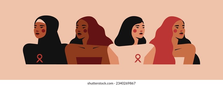 Group of Women with pink ribbons stand together. Poster of support and solidarity with females fighting oncological disease. Breast cancer awareness month concept. Vector illustration