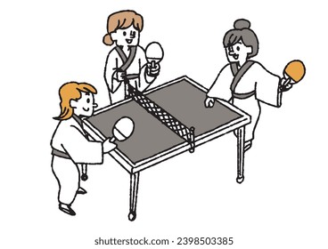 Group of women playing ping-pong in yukata Clip art of public bathhouse, spa, and bathhouse