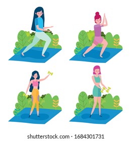 group women practicing yoga and lifting weight outdoor healthy life vector illustration