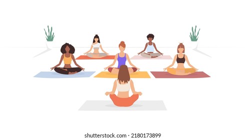 Group of women practicing yoga. Meditating women. Vector illustration. Women isolated in lotus pose